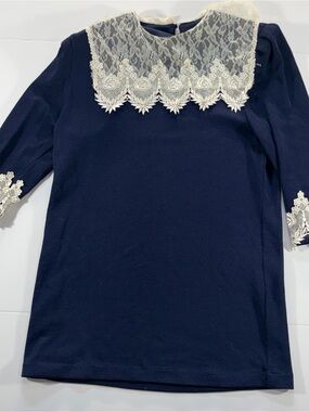 VTG Jeffrey & Dara By Linda Hutley Navy Knit Lace Collar Tunic / Mini Dress